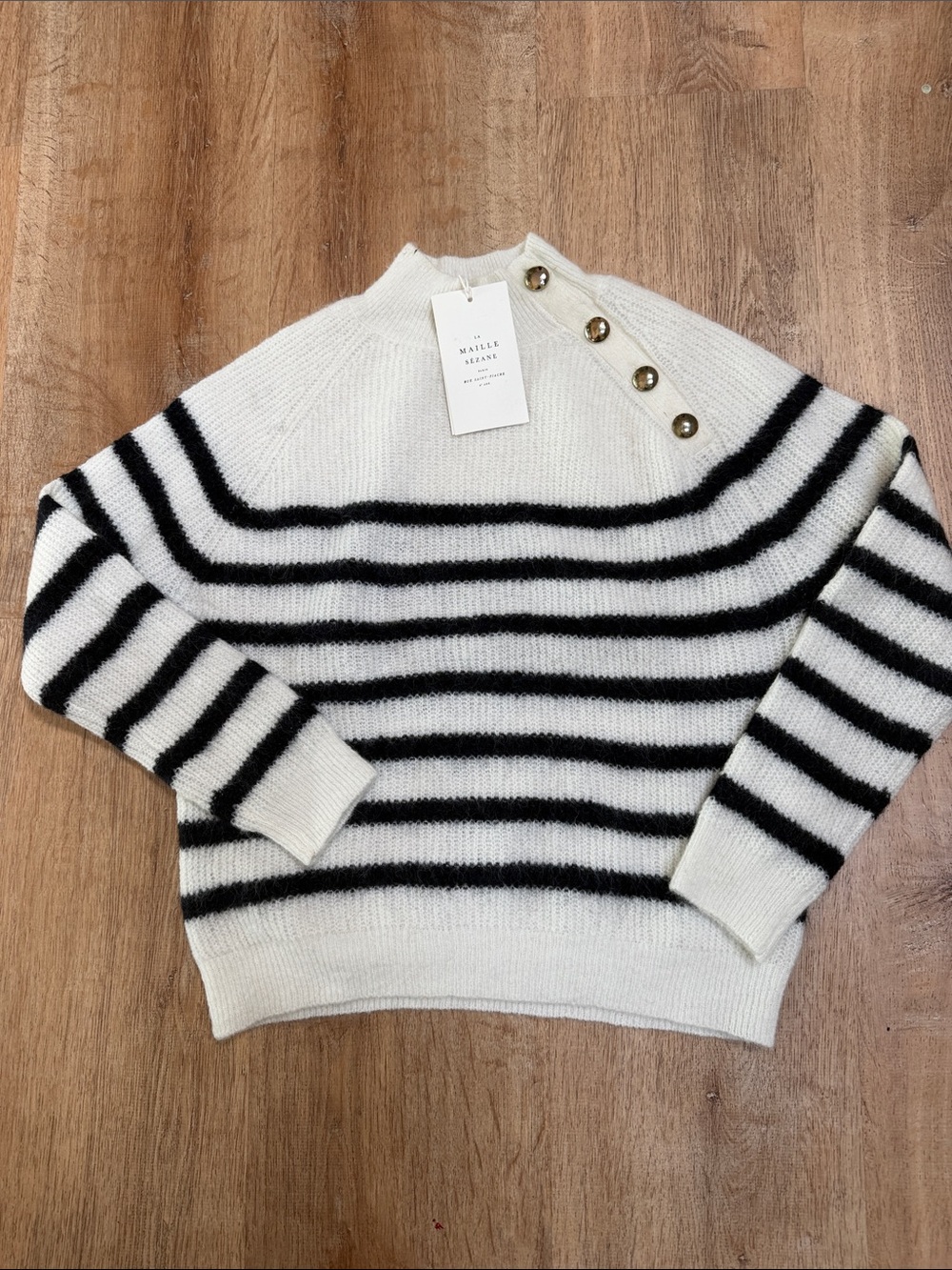 Sezane White and Marine Blue Striped Button-Shoulder Sweater